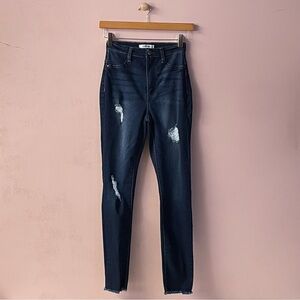 Charlotte Russe Refuge Dark Wash Distressed Raw Hem High Rise Skinny Jeans Sz 0